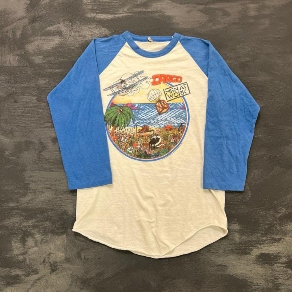 Vintage Men At Work Shirt Mens Small White 1983 Cargo Tour Raglan USA